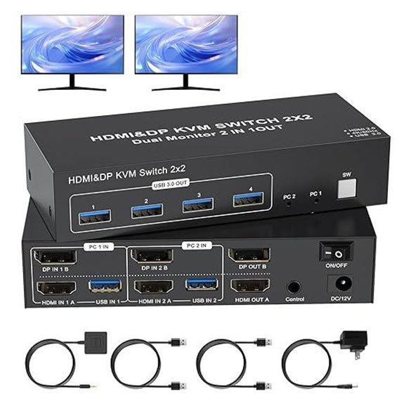 4K Dual Monitor KVM Switch with USB and Cables