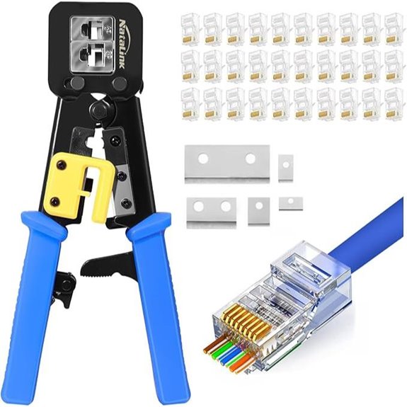 RJ45 Crimp Tool with Pass Thru Connectors and Blade