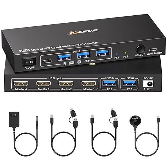 4-Monitor KVM Switch for 2 PCs with Remote and Cables