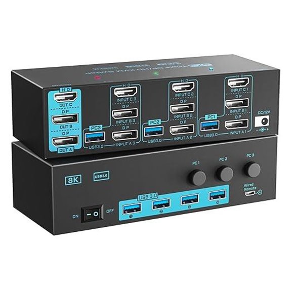 8K/4K Triple Monitor KVM Switch with Remote