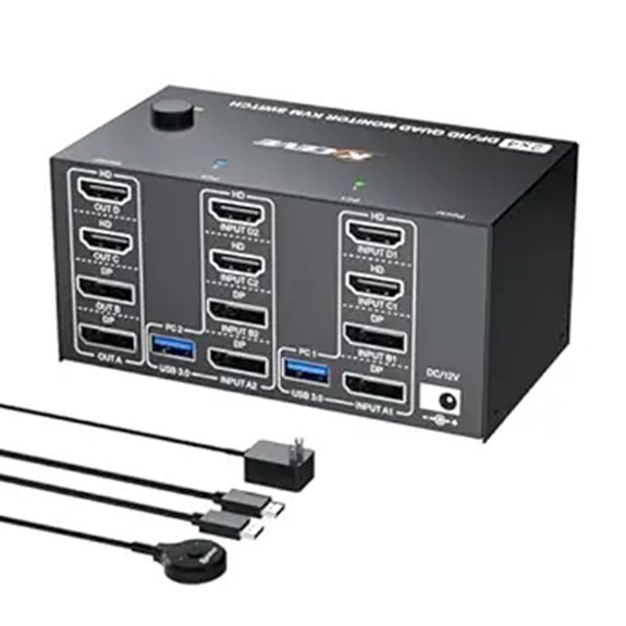 Quad Monitor KVM Switch for 2 PCs with Remote