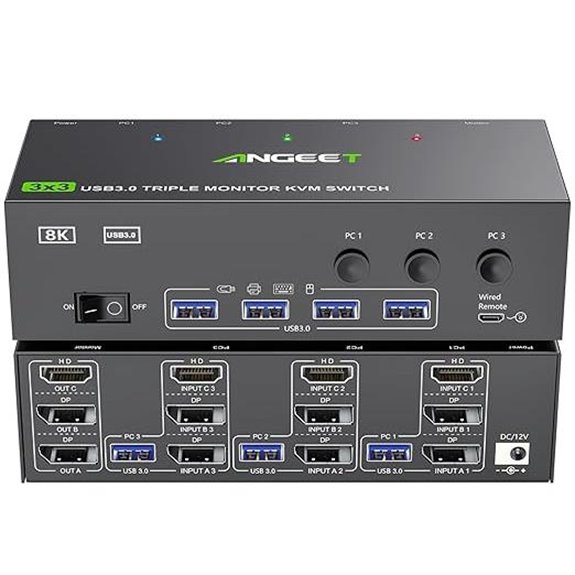 ANGEET 3-Monitor KVM Switch with USB & Remote
